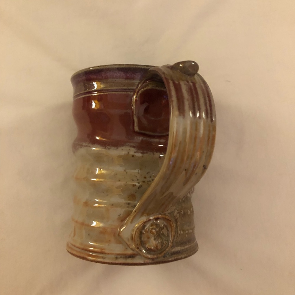 Handcrafted Ceramic Mug - Rustic Multicolor Glaze - Ribbed Brown Orange Unique